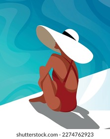 Vector illustration of a beautiful girl in a red swimsuit hat is resting on vacation swimming and sunbathing at the pool villa
