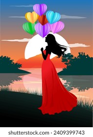 Vector illustration of a beautiful girl in a red dress with a heart-shaped balloon standing alone by the lake.