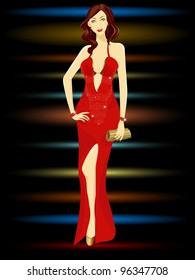 Vector illustration of a beautiful girl in red dress with hand bag.