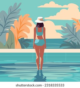 Vector illustration of a beautiful girl relaxing on vacation, swimming and sunbathing in the pool girl looks at the seascape surrounded by palm leaves