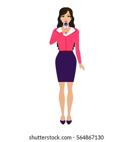 Vector illustration of a beautiful girl reporter with a microphone. Isolated white background. Woman correspondent, journalist. The concept of journalism, television and news.