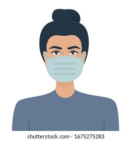 Vector illustration of a beautiful girl in a respiratory protective mask. Portrait woman in medical mask Isolated on white background.