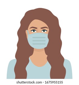 Vector illustration of a beautiful girl in a respiratory protective mask. Portrait woman in medical mask Isolated on white background.