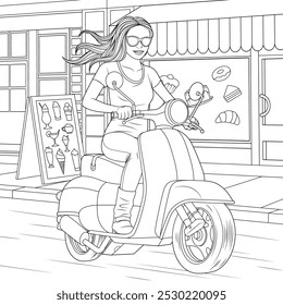 Vector illustration, beautiful girl rides a scooter around the city, coloring book