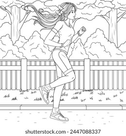 Vector illustration, beautiful girl running in the park, doing sports, coloring book