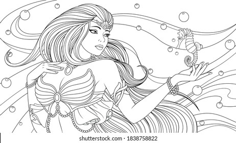 Vector Illustration, Beautiful Girl Sea Princess And Seahorse, Coloring Book.