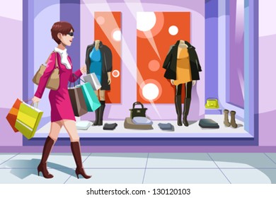 A vector illustration of beautiful girl with shopping bags