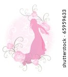 vector illustration of beautiful girl silhouette in pink evening dress and roses decor frame vintage style