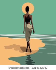 Vector illustration of a beautiful girl silhouette on vacation walking along the beach sand along the ocean flat illustration pastel palette