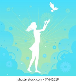 Vector illustration of a beautiful girl silhouette letting a white dove fly up in the air on a cloudy blueish floral background