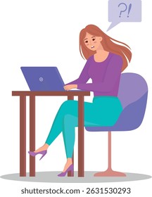 Vector illustration of a beautiful girl sitting in an armchair at a desk and working with a laptop. Work at home or in the offic e. The girl is surprised and upset. Highlighted on a white background. 