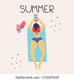 Vector illustration, a beautiful girl with a smartphone in her hands lies on the beach in a swimsuit and does her favorite thing - beach vacation, summer vacation, summer inscription