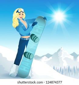 Vector illustration of a beautiful girl with a snowboard