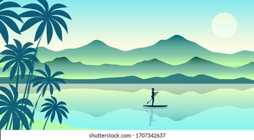 Dibujo vectorial de una hermosa chica parada en un kayak con una pala en la mano, flotando en el océano frente a las rocas.