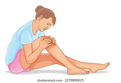 Ilustración vectorial de una niña hermosa que padece dolor de rodilla, rodilla sujeta con dolor, hinchazón, sentada en el suelo, lesión muscular de rodilla, rodilla torcida, aislada en blanco, atención de salud, enfermedad ortopédica.