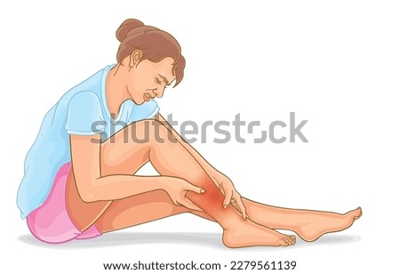 Vector illustration of beautiful girl suffers from pain,swelling in legs while sitting on floor,hands massaging to release pain,injured in accident,isolated on white.Health care among adolescents.