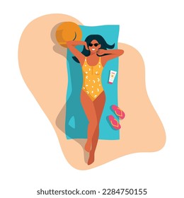Vector illustration of a beautiful girl sunbathing in the sun. Cartoon scene with a girl lying in a swimsuit and sunglasses on the beach and sunbathing with sunscreen, a hat and Vietnamese shoes.