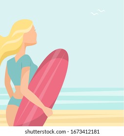 Vector illustration of a beautiful girl in a swimsuit with a board for surfing on the beach