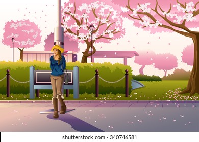 A vector illustration of beautiful girl walking in a park during cherry blossom