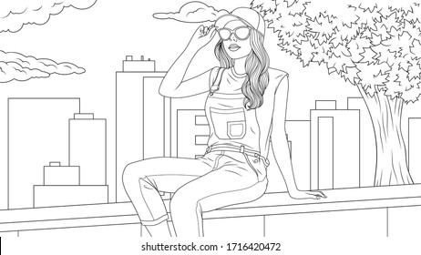 Vector illustration, beautiful girl walks around the big city, book coloring
