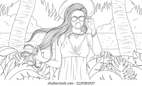 Vector illustration, a beautiful girl walks along the beach on vacation, coloring book