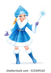Vector illustration. Beautiful girl wearing short blue coat with white fur. Snow Maiden (Snegurochka), traditional  Russian Christmas character on white background.