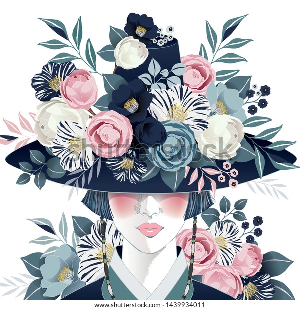 花で飾る韓国の伝統的な帽子 ガット を着た美しい女の子のベクターイラスト バナー ポスター カード 招待状 スクラップブックのデザイン のベクター画像 素材 ロイヤリティフリー