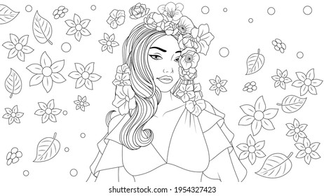 Vector illustration, beautiful girl wears a flower wreath in summer, flower background, coloring book