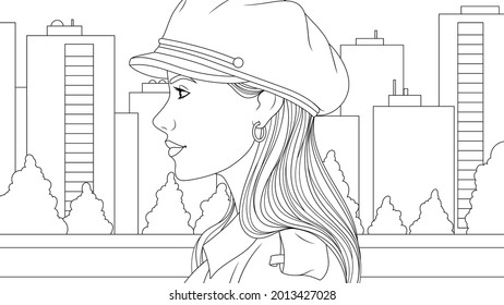 Vector illustration, beautiful girl wears an autumn coat and a hat on a city street, coloring book.