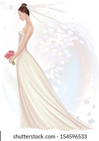 Vector illustration of beautiful girl in wedding dress in watercolor technique