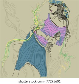 Vector illustration of beautiful girl  in a wide trousers and flowers in her hand