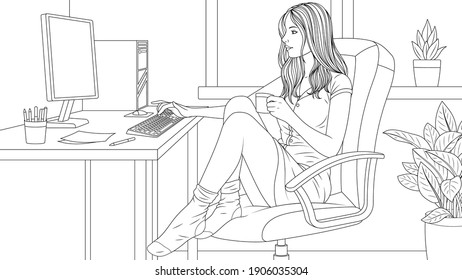 Vector illustration ,beautiful girl working studying at the computer, drinking coffee, coloring book, coloring book