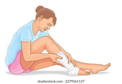 Vector illustration of beautiful girl wrapping elastic bandage around painful leg and ankle,inflammation,plantar fasciitis,tendinitis treatment,isolated on white.Health care among adolescents.