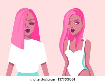 Vector illustration with beautiful girls. Flat style. Fashion portrait of a model. Minimalism colorful art. Young women with pink hair. Summer Girl in swimsuit.