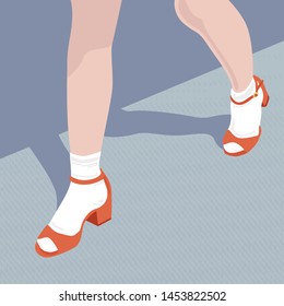 Vector illustration beautiful girl's legs. Red sandals. 