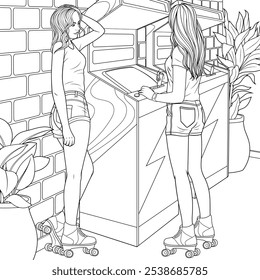 Vector illustration, beautiful girls on roller skates play slot machines, coloring book.