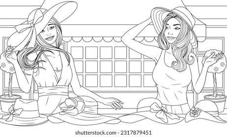 Vector illustration, beautiful girls try on fashionable hats, book coloring.