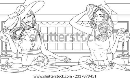 Vector illustration, beautiful girls try on fashionable hats, book coloring.