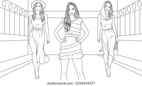 Vector illustration, beautiful girls walk the runway, fashion show.