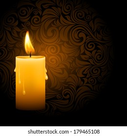 Vector illustration of beautiful glowing candle with melted wax on ornate dark background