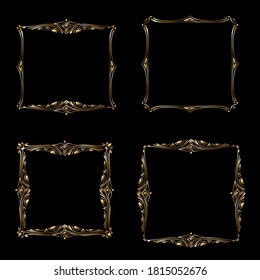 Vector illustration of beautiful gold frames on a black background. Frames for registration of photos, postcards and wedding invitations.