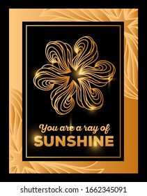 Vector illustration with beautiful golden flower and frame on black background with header and sparkle. Thin flat line art design for flower poster, greeting card, wedding invitation