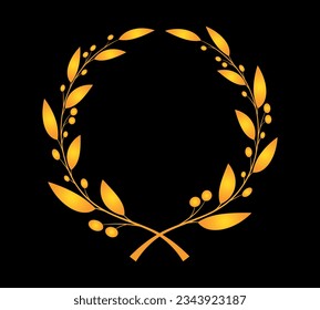 Vector illustration of beautiful golden laurel wreath with berries in cartoon style. Laurel wreath for winner isolated on black background. A symbol of glory and peace.
