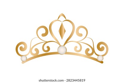 Vector illustration of a beautiful golden tiara with swirl patterns, a diamond shape, and pearls. Princess diadem isolated on white background.