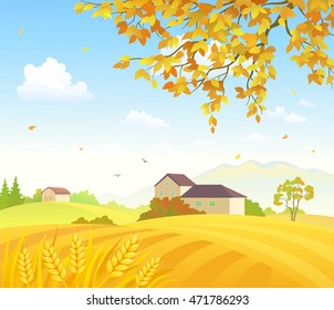 Vector illustration of beautiful golden wheat fields and an autumn tree branch
