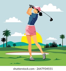 Vector illustration of a beautiful golfer playing golf.