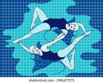 Vector illustration. Beautiful, graceful women are engaged in synchronized swimming. A metaphor.