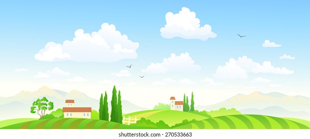 Vector illustration of a beautiful green farm scenery
