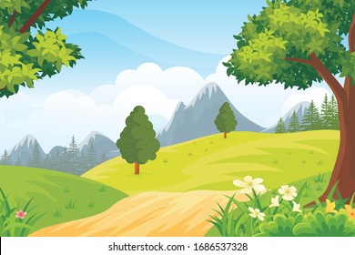 Vector illustration of a beautiful green hill scenery. a pathway between two trees with mountain background