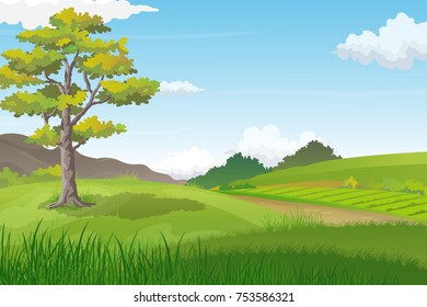 Vector illustration of beautiful green hills with big tree and pathway between. Summer landscape of countryside hills.